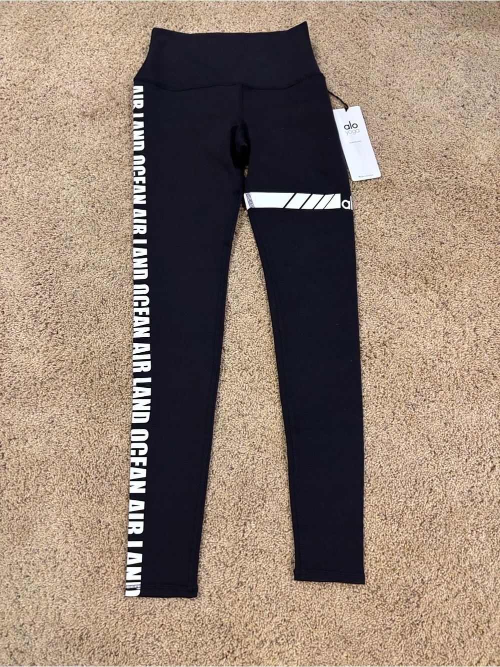 Alo Womens Black Logo Stripe Leggings - Air Land Ocean, size S